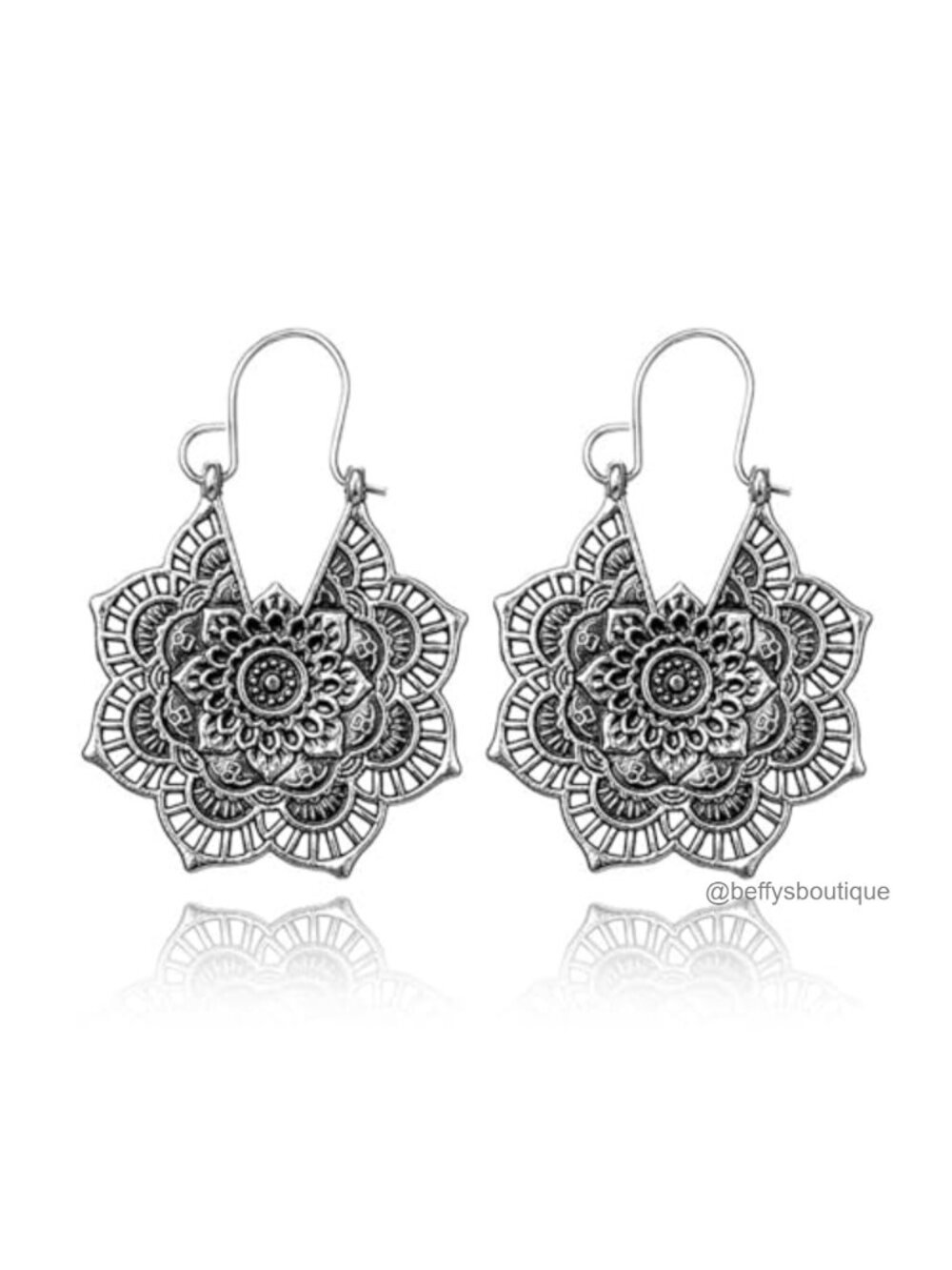 Hammered Antique Silver Drop Dangle Earrings Boho Mandala